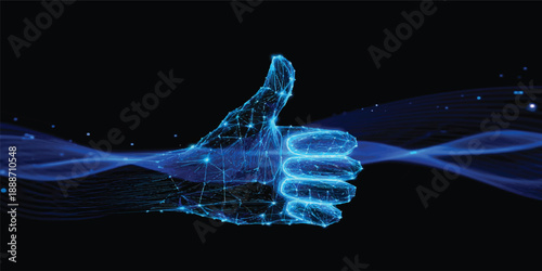 Abstract blue background with smoke and a 3d vector light icon like a thumb up symbol for a business energy concept illustration