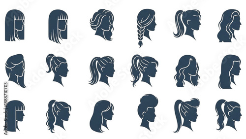 Collection of diverse female profiles showcasing various hairstyles and head shapes depicted in a minimalist style