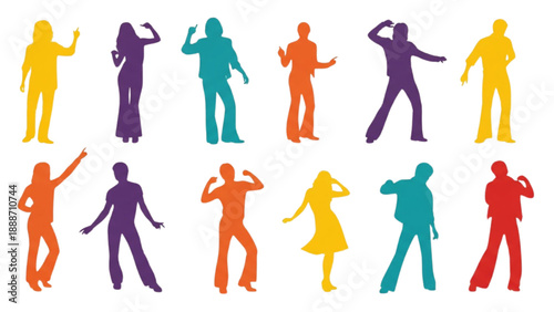 Vibrant silhouettes of people dancing in various poses and colors arranged in a grid pattern on a plain background from a frontal viewpoint