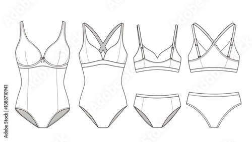 Fashion illustrations of swimwear and lingerie displayed in a collection on a white background from a front viewpoint