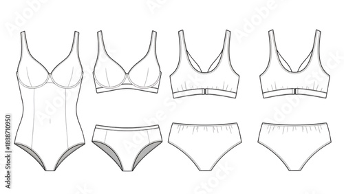 Fashion illustration of various women's swimwear and lingerie designs displayed together on a clean white background from a straightforward viewpoint