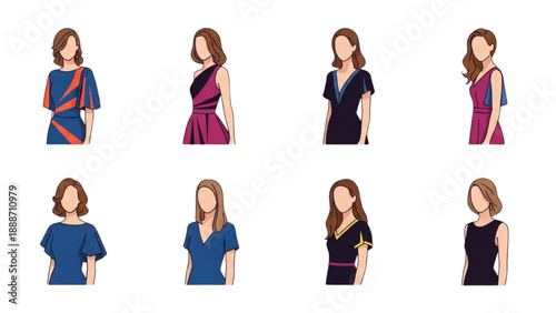 A series of illustrations showcasing a woman wearing different dresses from various angles and perspectives.