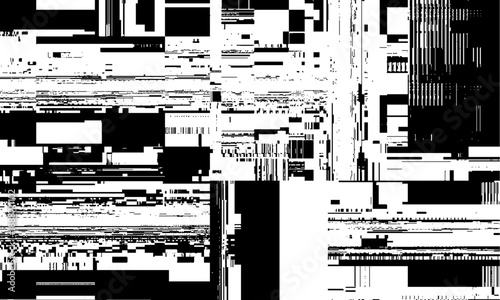 Abstract distorted black noise geometric motion glitch overlay effect distress texture. Monochrome interlaced digital overlay vector background.