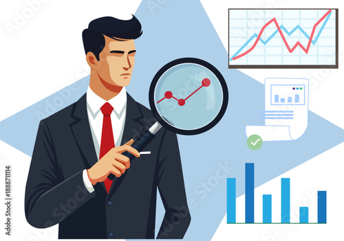 Businessman Analyzing Financial Growth with Magnifying Glass Illustration
