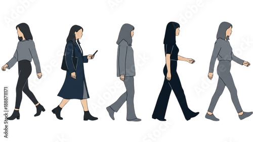 Illustration of women walking in different outfits and styles from a side viewpoint