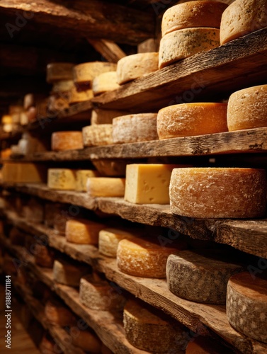 Cheese Wheels Neatly Arranged on Wooden Shelves in an Artisanal Cheese Cellar