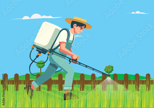 Illustration of a Farmer Spraying Pesticide or Fertilizer