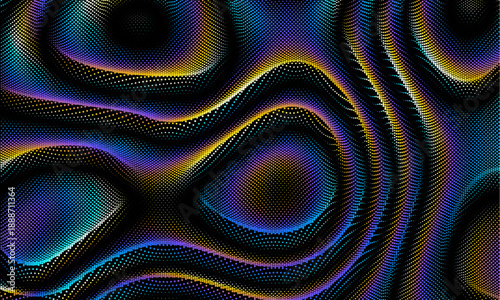 Flowing particles wave pattern, colorful dots isolated on black background. Ripple waves effect. Vector in concept of AI technology, science