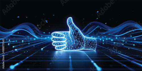 A 3d vector illustration of virtual fractal realms and an abstract digital space background featuring a glowing blue network communication symbol and a social web hand icon