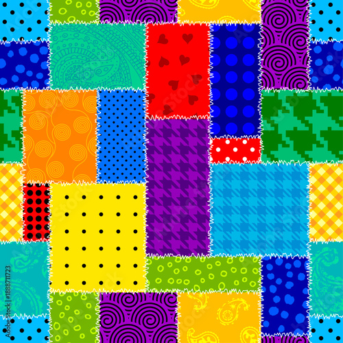Colorful vibrant colors patchwork flat cartoon seamless vector pattern. Handmade patchwork quilt style background for textile concept or fun modern