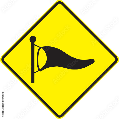 High Winds Warning Traffic Sign with Windsock Icon on Yellow Diamond