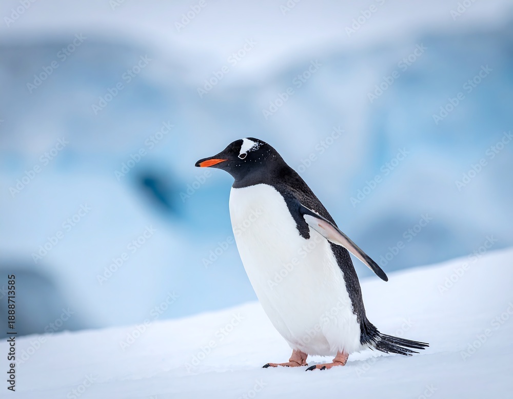 Fototapeta premium A penguin standing on snow with a blurred icy background