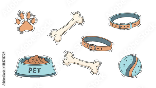 Hand Drawn Doodle Pet Care Elements – Paw, Bone, Bowl Flat Vector Set