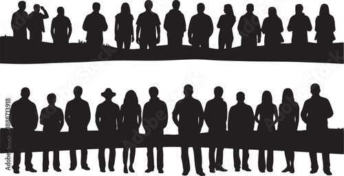 Silhouettes of people standing in two rows on horizon