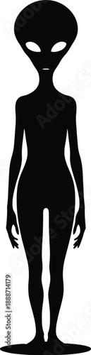 Black silhouette of standing alien creature with large eyes and thin body representing extraterrestrial life, sci-fi mystery and paranormal space invader symbol.