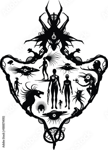 Detailed black sci-fi emblem featuring humans aliens and ufos inside an ornamental crest representing future space abduction mystery and extraterrestrial experiment.