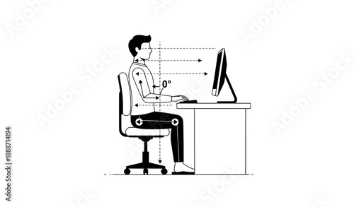 Correct office sitting posture body alignment guide working on computer vector