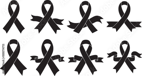 Black awareness ribbons on white background for support causes