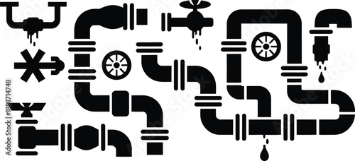 Industrial Plumbing Pipe and Valve Silhouette Vector Icon Set
