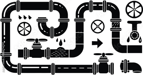 Industrial Plumbing Pipe and Valve Silhouette Vector Icon Set
