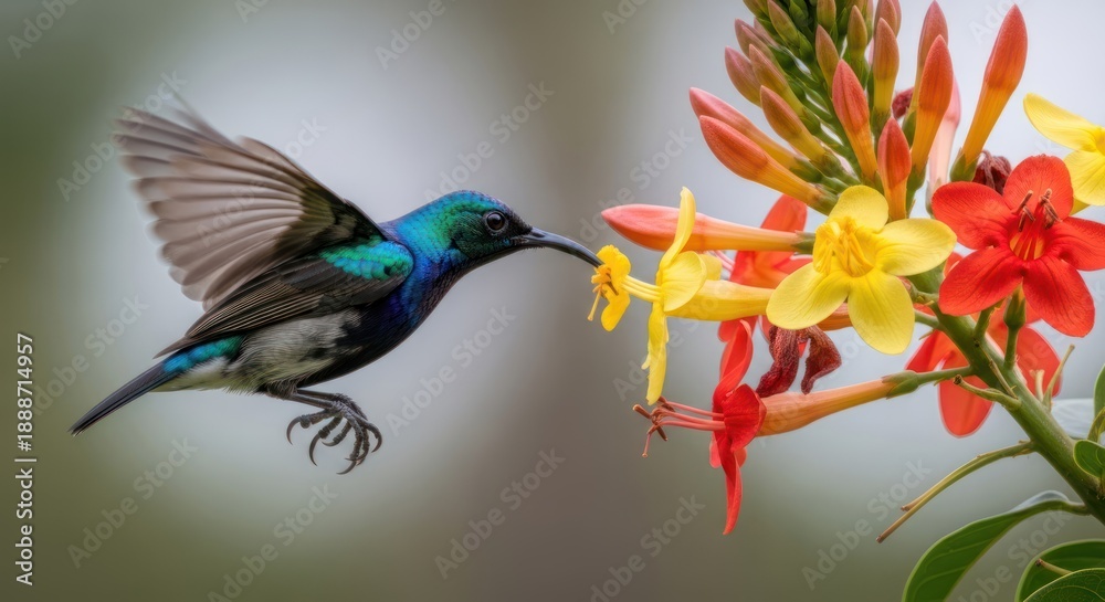 Fototapeta premium A hummingbird hovering near a flower, feeding on nectar. The bird is vibrant with blue and green feathers, and the flower is red with yellow accents. 