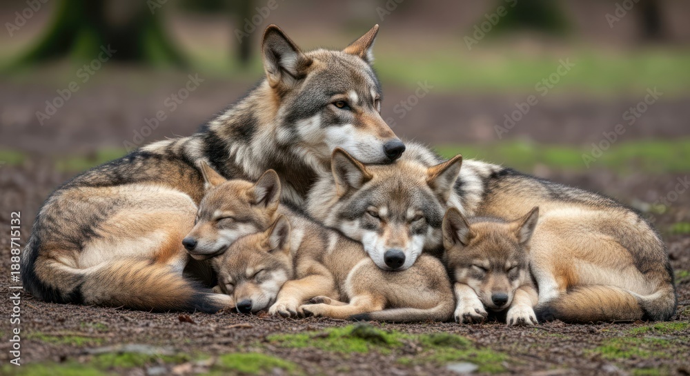 Obraz premium A family of wolves resting together in a natural setting.