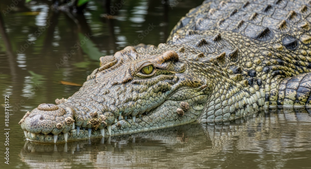 Fototapeta premium A crocodile partially submerged in water, with its head and upper body visible. The crocodile's eyes are open, and its mouth is slightly open, revealing sharp teeth.