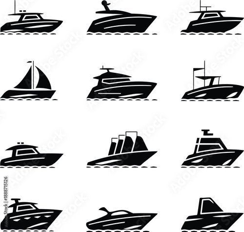 Boat and Ship Silhouette Icons Set. Vector Marine Transport Collection.
