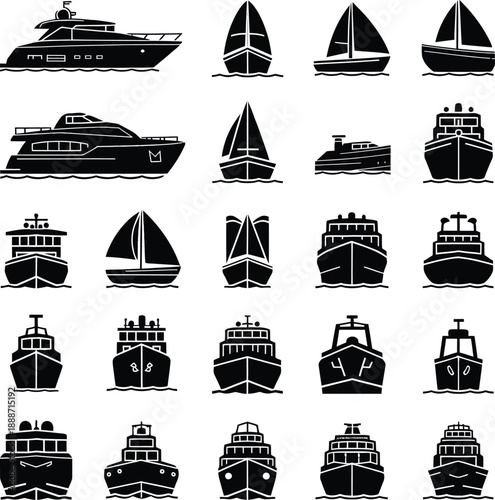 Boat and Ship Silhouette Icons Set. Vector Marine Transport Collection.