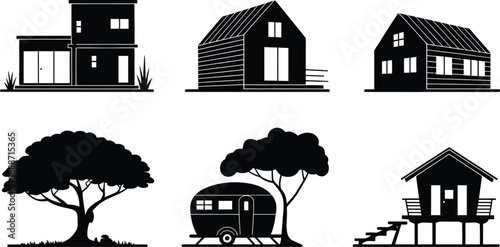Modern House and Nature Silhouette Vector Icon Set