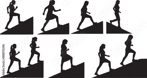 Silhouettes of people running up hills in various positions