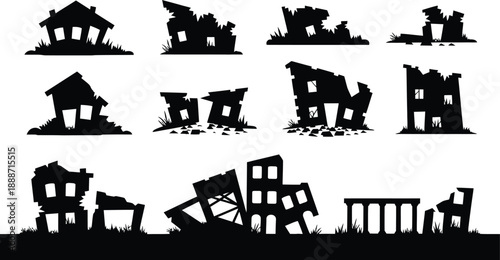 Damaged House Silhouette Icons Set, Destroyed Building Ruins and Earthquake Aftermath Vector Collection