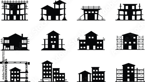 Under Construction Building Silhouettes and House Icons Vector Set