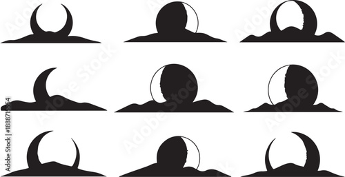 Silhouette of crescent moon over mountain range at night