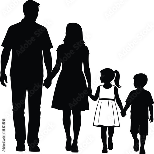 Cad drawing flat vector illustration of mother with children silhouette, single parent walking with kids, family shadow figures isolated