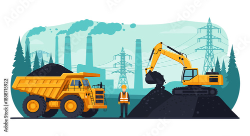 Industrial mining and construction vector illustration showing heavy machinery and factory pollution