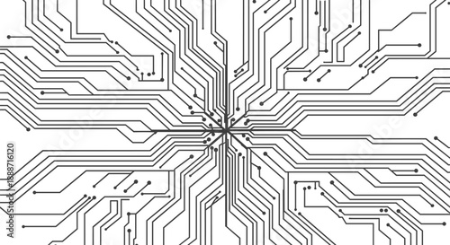 Abstract black circuit board pattern on white background, electronic motherboard lines, technical hardware design,