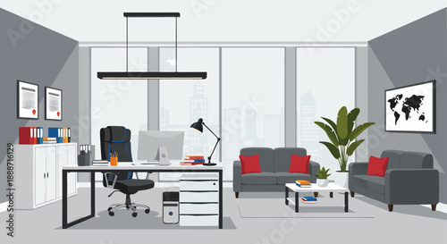 Modern office interior vector illustration with desk, chair, sofa, and world map for business and corporate themes