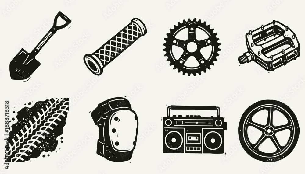 Fototapeta premium Trail Boss BMX Gear and Parts Linocut Illustration