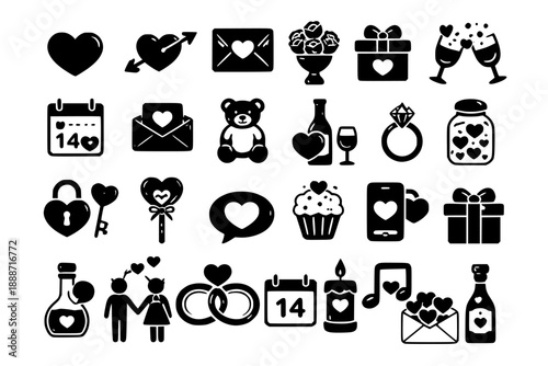 A collection of black silhouette icons representing love, romance, and Valentine's Day celebrations, including hearts, gifts, and couples.