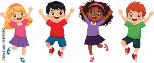 Flat vector illustration of happy children jumping, cute cartoon kids celebrating together, joyful childhood concept, isolated white background