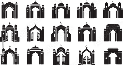 Collection of mosque arches and domes in black silhouette
