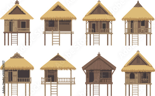Traditional Tropical Stilt Houses Illustration Set Wooden Huts with Thatched Roofs