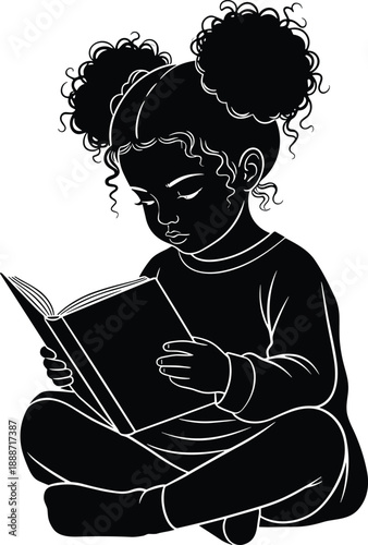 Girl child silhouette flat vector illustration, kid reading book sitting cross legged, education learning concept design