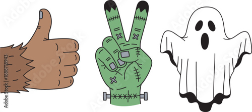 Halloween-themed illustrations of werewolf hand, Frankenstein peace sign, and ghost expression for spooky design, seasonal decoration, and themed artwork