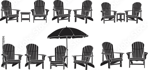 Silhouettes of Adirondack chair arrangements with tables and umbrella for outdoor furniture design, seating layout reference, and decorative illustration