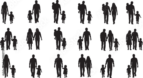 Silhouettes of diverse family groupings with adults and children in various poses for demographic illustration, family dynamics study, and visual design reference