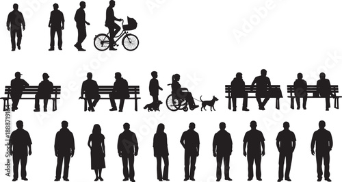 Silhouettes of diverse individuals and dogs in public park activities for mobility representation, social interaction illustration, and inclusive design reference