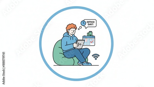 Digital nomad managing work schedule remotely with a tablet while comfortably seated, optimizing