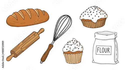 Hand Drawn Doodle Bakery Objects – Bread, Whisk, Cupcake Flat Vector Set